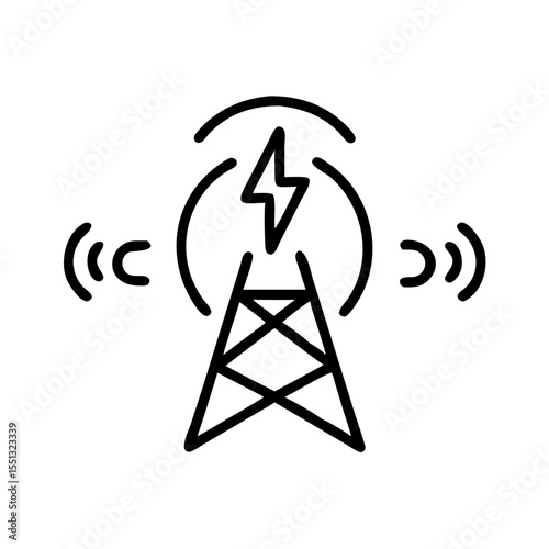 Simple power grid icon featuring electricity tower and energy waves. Power grid icon shows the electricity production and distribution, depicted in a minimal black outline design.