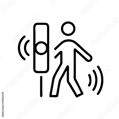 Pedestrian sensor alerts pedestrian to cross street safely at intersection, signal with line drawing. Pedestrian sensor systems alert walkers using technology at road crossing.