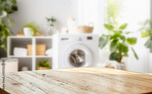 Cozy domestic laundry scene with wooden tabletop and soft natural light.