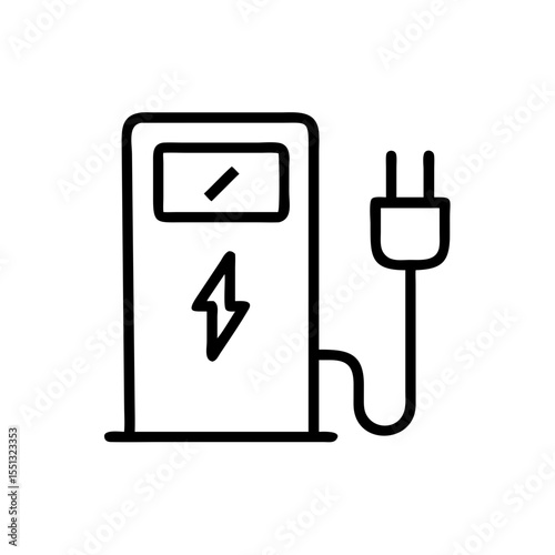 Public charging port in simple line drawing shows electric vehicle charging station. This public charging port image shows environmentally friendly transportation methods and sustainable power.