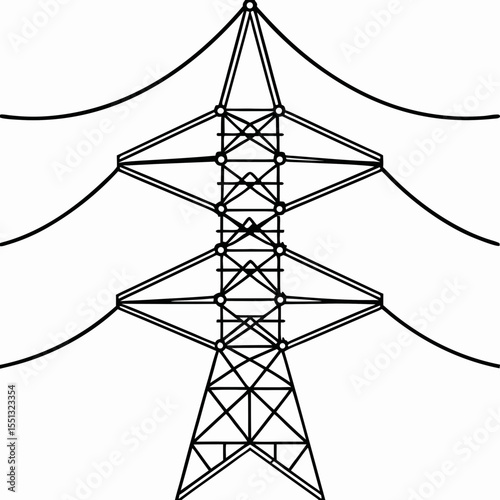Power grid icon illustration showing a transmission tower with electrical cables. Power grid icon with lines creating symmetrical pattern. Isolated power grid icon is perfect for demonstrating energy,