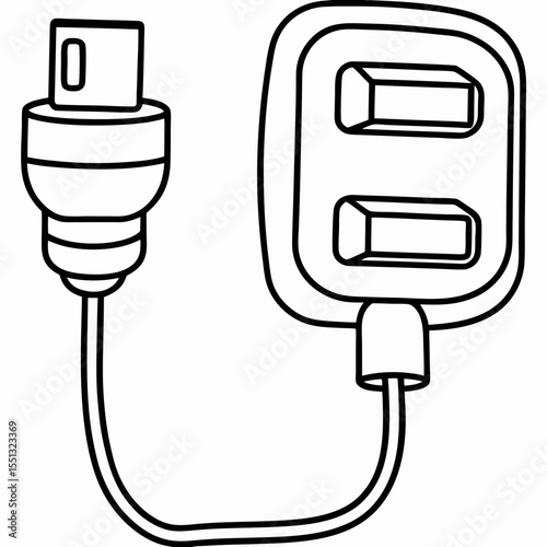 Public charging port in simple line drawing shows electric charging for all devices. Public charging port includes usb outlets connected with cord for devices.