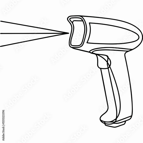 QR code scanner in simple line art style, showing handheld reader with scan laser light. QR code scanner technology represents modern data collection and information access.