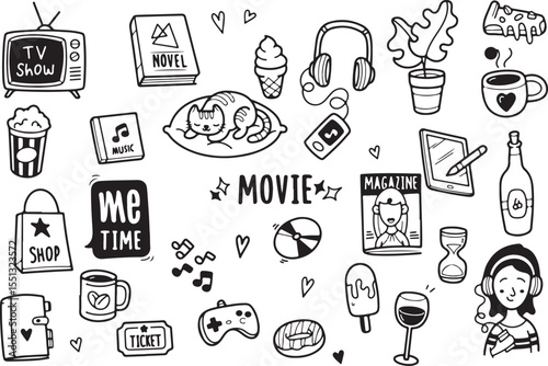 Movie Night Doodle Vector – Cinema Elements, Popcorn, Film Reel, Screen, Hand Drawn Entertainment Icons

