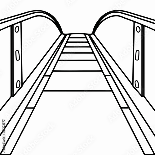 Smart walkway design with minimalist lines and structural elements. Smart walkway is a hand-drawn illustration featuring a perspective view of pathway, with rails, deck,