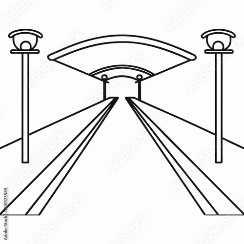 Smart walkway illustration in minimalist style, showing an open path with lamps on either side. Smart walkway depiction features simple lines and structures suggesting modern design elements.