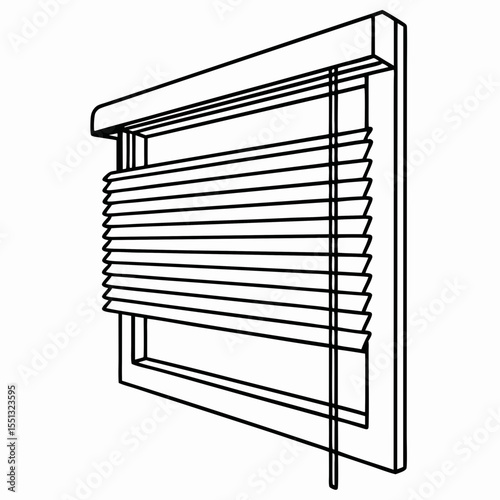 Smart window blinds illustration in black and white line drawing. Smart window blinds bring modern living to any home, as seen in this detailed rendering of automated blinds.