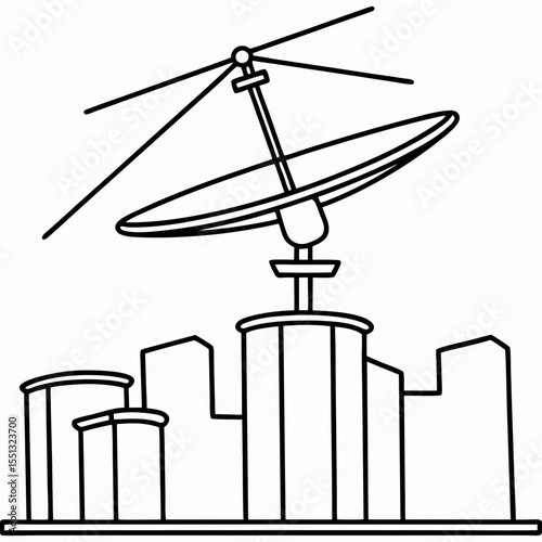 Illustrative urban antenna design atop cityscape buildings, showing radio tower structure. Urban antenna telecommunications system is integral to modern city infrastructure.