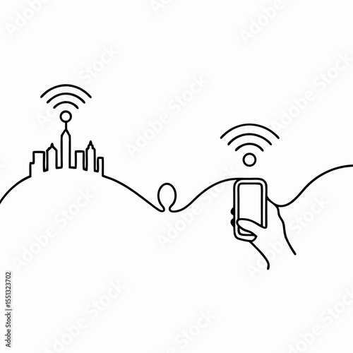 Urban wi-fi zone illustration showing phone connecting to cityscape. Urban wi-fi zone illustration presents a city skyline with a connected smartphone, emphasizing seamless wireless internet access.