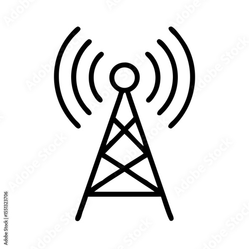 Urban antenna in outline style over white background. Urban antenna shows tower and communication waves. Commercial use: modern urban antenna for telecommunications, broadcast, radio,