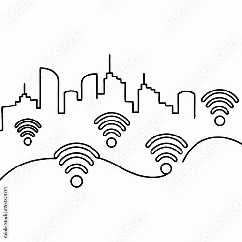 Urban WiFi zone shown as city skyline with wireless connection signals over flowing line. Urban WiFi zone in black and white demonstrates modern city connectivity.