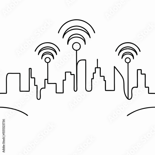 Urban wi-fi zone depicted with cityscape and wi-fi signals in continuous line, symbolizing connectivity. Urban wi-fi zone creates modern cityscape silhouette with simple graphic.