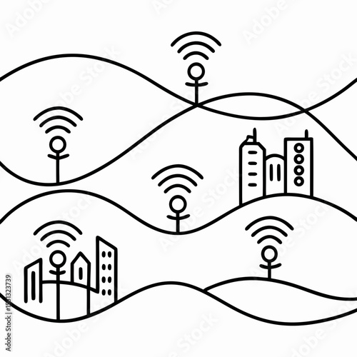Outlined urban wi-fi zone illustration showing stick figures with signal waves on hills, representing connectivity, access and modern living.