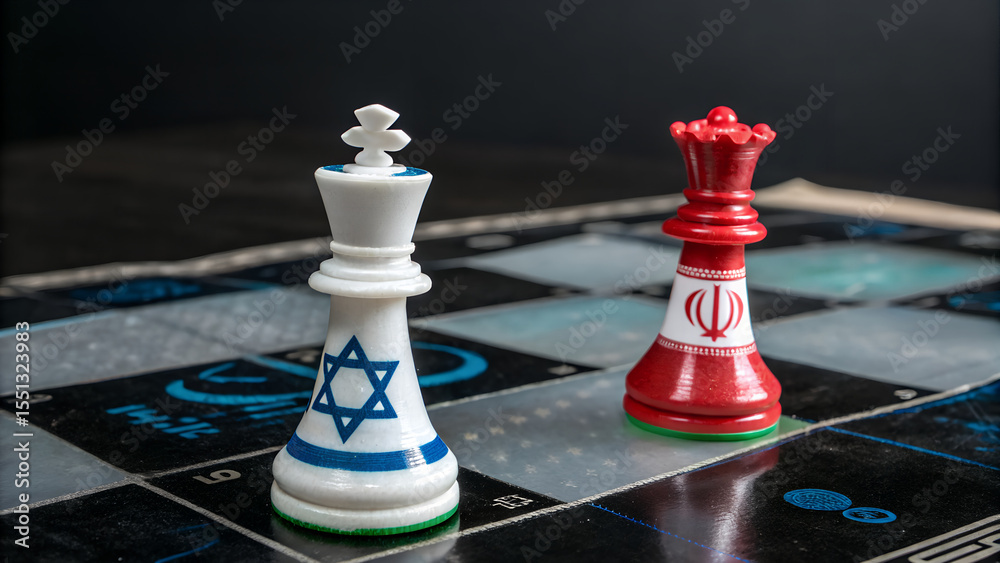Naklejka premium Chess pieces representing israel and iran face each other on a checkered board in a standoff