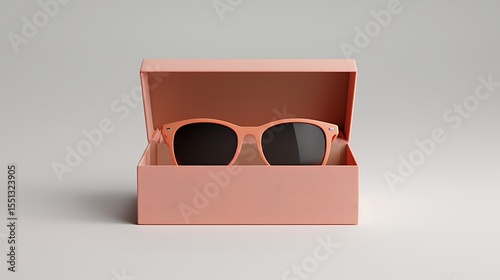 Sunglasses inside a pink box on a white surface in a studio setting with soft lighting present