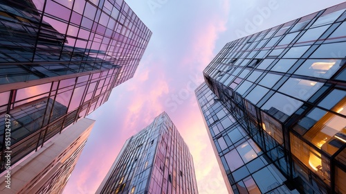Fototapeta Naklejka Na Ścianę i Meble -  Modern city skyline at dusk with towering glass buildings reflecting vibrant purple and orange sunset hues, viewed from low angle creating a dramatic and dynamic urban scene.