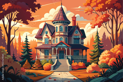 A picturesque illustration of a grand Victorian-style mansion nestled within a vibrant autumnal forest.