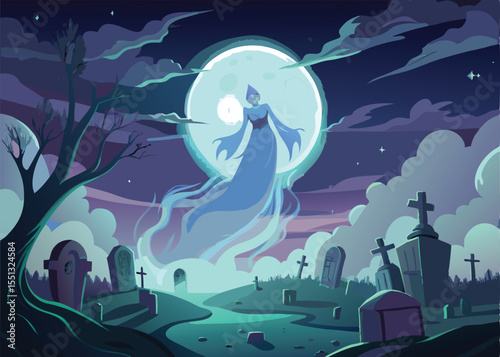 A captivating illustration of a spectral figure, likely a ghost or witch, hovering over a serene graveyard at night under a luminous moon.
