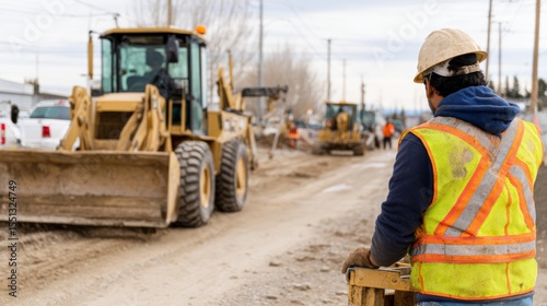 Construction worker in safety vest operating heavy machinery at busy industrial site during daylight.