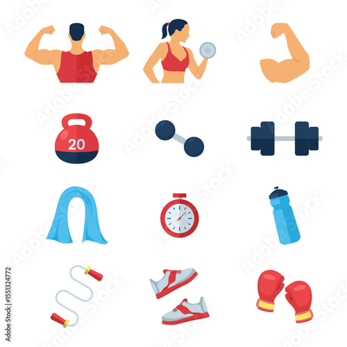 Gym and Fitness Icons Set – Workout, Equipment, Exercise, and Training Tools in Vector Style