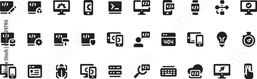 Terminal Code and Development Icons, Programming Tools Vector, Tech UI Symbols, Web Coding Illustration, IT Dev Set