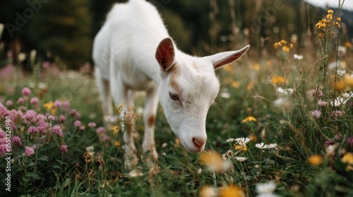 Fototapeta Naklejka Na Ścianę i Meble -  Peaceful young goat grazing in a colorful wildflower meadow during golden hour, highlighting soft fur, vibrant pinks and yellows, natural rural serenity, and lush greenery.