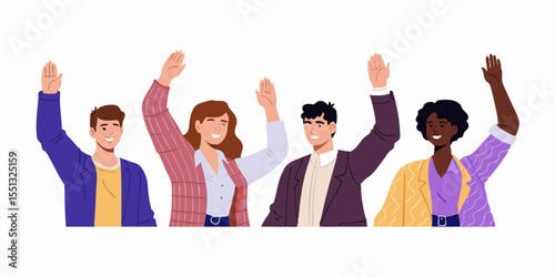Diverse group of young professionals raising hands in unity and support showing teamwork and collaboration