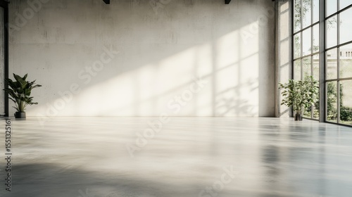An airy and minimalistic indoor space featuring large windows that allow natural light and greenery  ideal for promoting a fresh and inviting atmosphere.