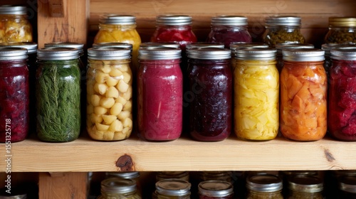 Brightly colored jars of preserved vegetables and fruits on wooden shelves in a cozy home pantry.