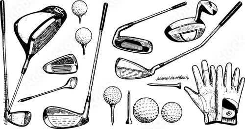 set of Golf sketch set. Sports tools vector illustration. Hand drawn vintage style, isolated
