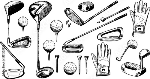 set of Golf sketch set. Sports tools vector illustration. Hand drawn vintage style, isolated

