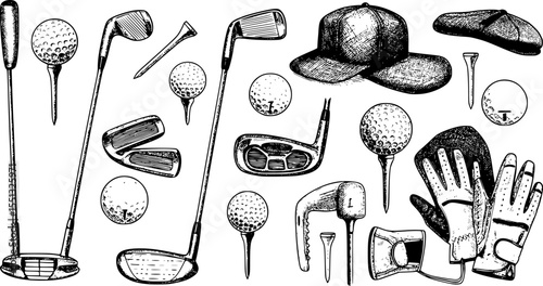 set of Golf sketch set. Sports tools vector illustration. Hand drawn vintage style, isolated
