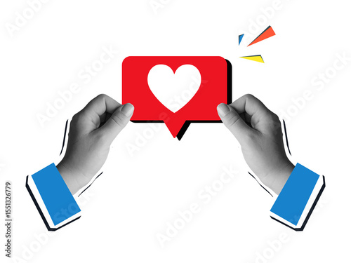 Black and white hands holding a like symbol with a heart. Modern collage style. Illustration on transparent background