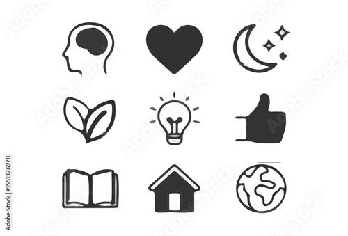 A collection of nine simple black and white icons arranged in a three by three grid pattern