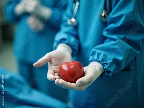 Heart valve surgery cardiology for patient in hospital. Prepare Transcatheter aortic valve implantation in doctor's hand.