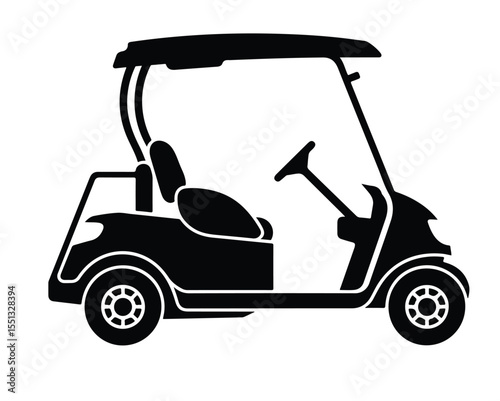 A black silhouette of a golf cart with a steering wheel and two seats on a white background