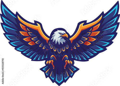 Majestic Blue and Orange Winged Bird Emblem with Pixel Art Style and Subtle Geometric Accents