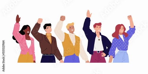 Diverse group of people raising their hands in support unity and celebration illustration