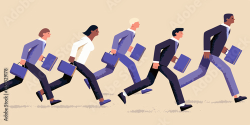 Diverse group of business professionals running with briefcases symbolizing competition urgency and career advancement in corporate world
