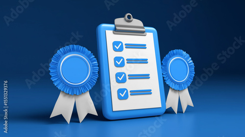 Blue Ribbon with Checklist Board for Achievement Theme
