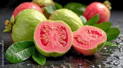 Natural Pink Guavas Cut Open on Stone Surface