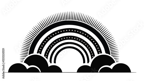 Black and white illustration of a rainbow with clouds and radiating lines at the top edge