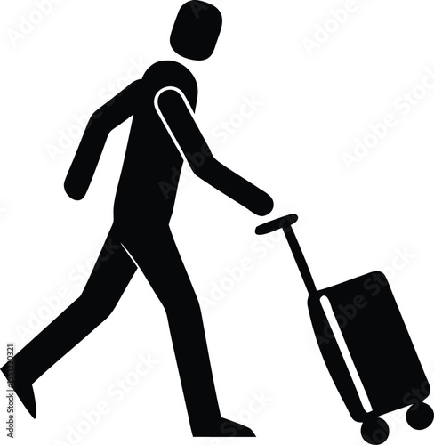 Black Silhouette of a Person Walking and Pulling a Rolling Suitcase Simple Minimalist Travel Icon Graphic