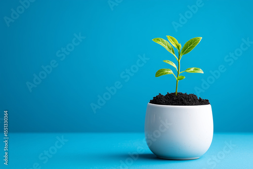 Seedling Growing in White Pot on Blue Surface