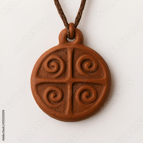Handcrafted Clay Pendant with Cross and Spiral Motif – Earthy Brown Round Necklace on Woven Cord – Boho Jewelry, Artisan Craft, Natural Material Close-Up on Neutral Background