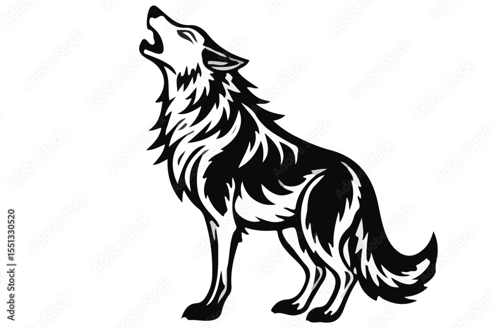 Obraz premium A black and white illustration of a wolf howling with detailed fur on a white background image design
