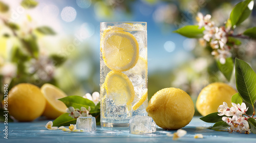 Summer Drink with Lemon and Ice on Wooden Surface