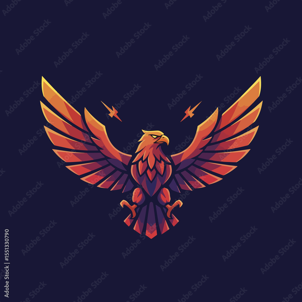 Obraz premium Majestic Fiery Eagle Spreading Wings Under Lightning Bolts Symbol