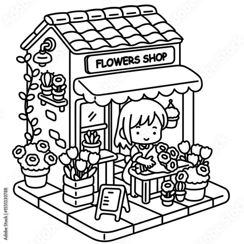 The girl works at a flowers shop, easy coloring for kids, vector, illustration, coloring book, coloring page, cozy, cute, bold, comfy