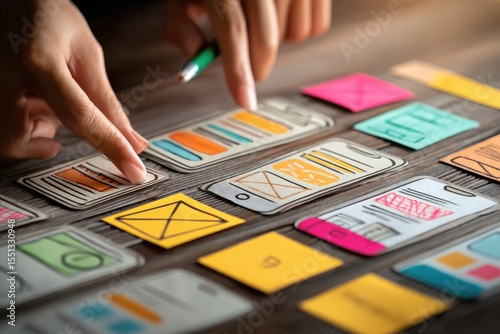 Hands reviewing mobile app wireframes on sticky notes
